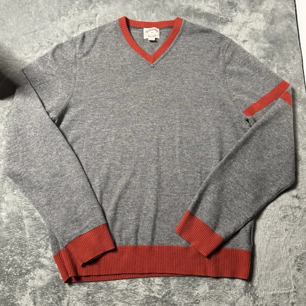 Brooks Brothers 100% Lambswool Red/Gray Ribbed V neck Sweater Mens M